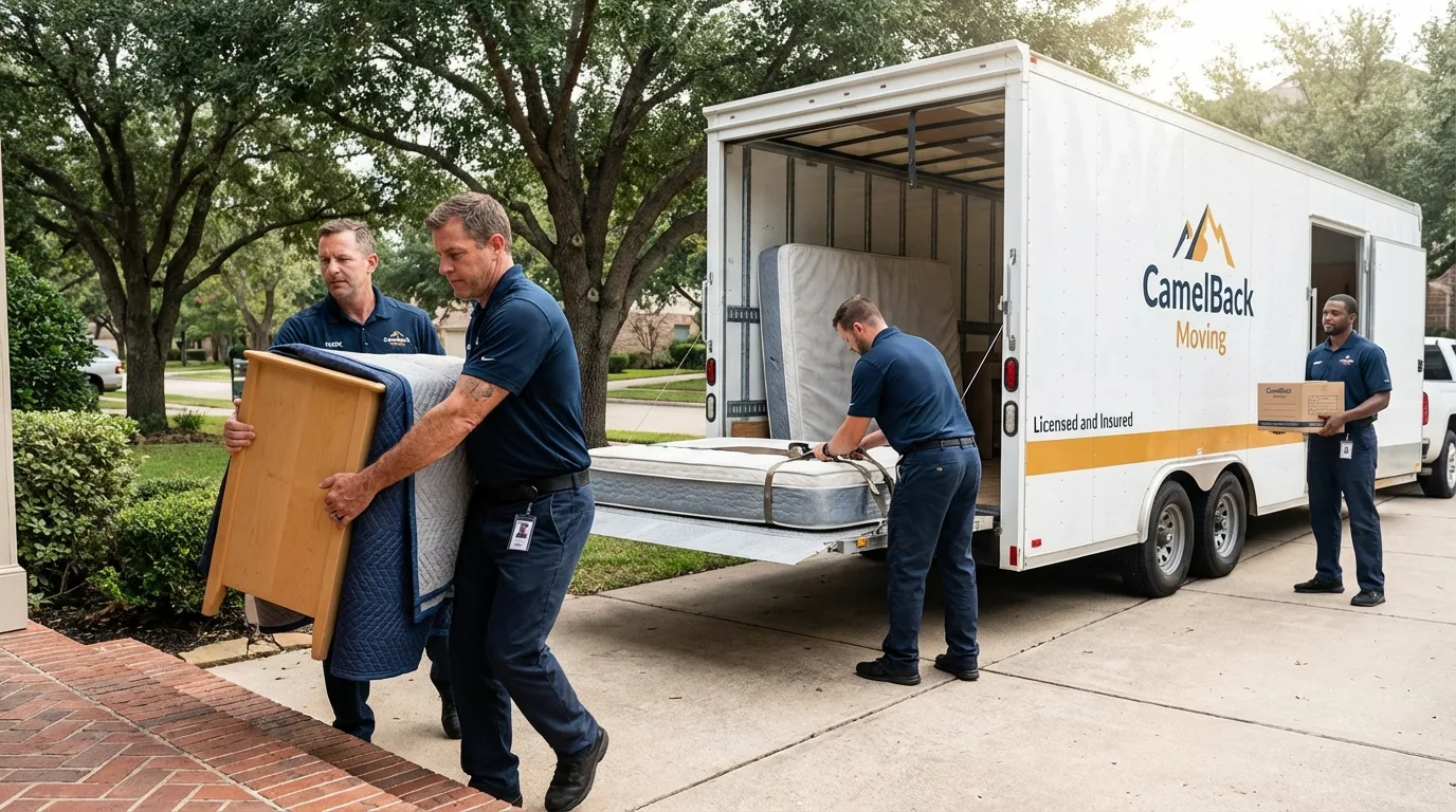 Crew loading residential truck for cross-state move from Huntsville, TX