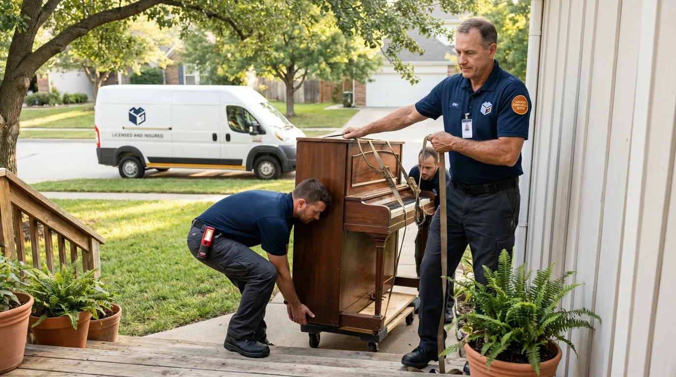 Licensed piano movers securing grand piano in Huntsville, TX