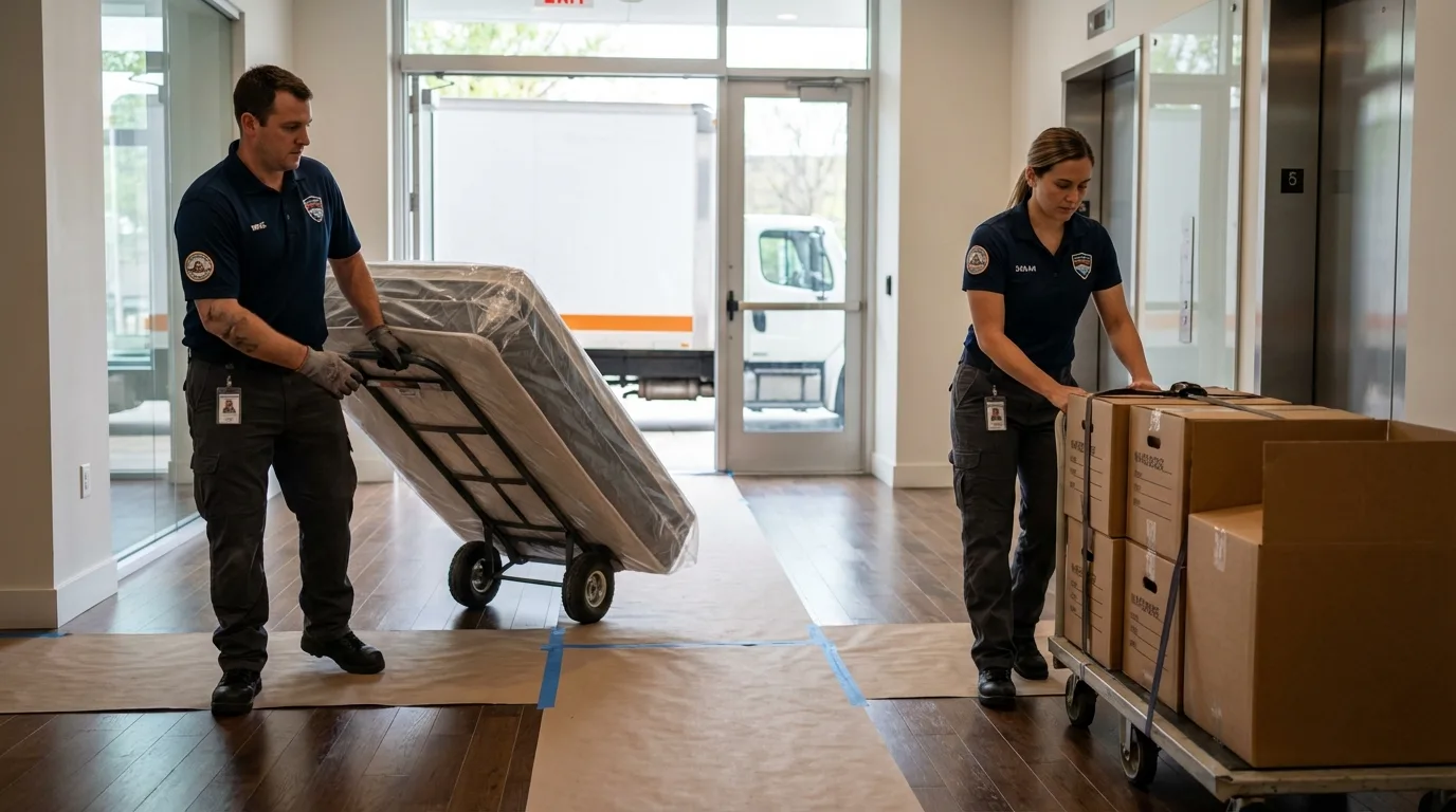 Professional apartment movers loading elevator in Huntsville, TX