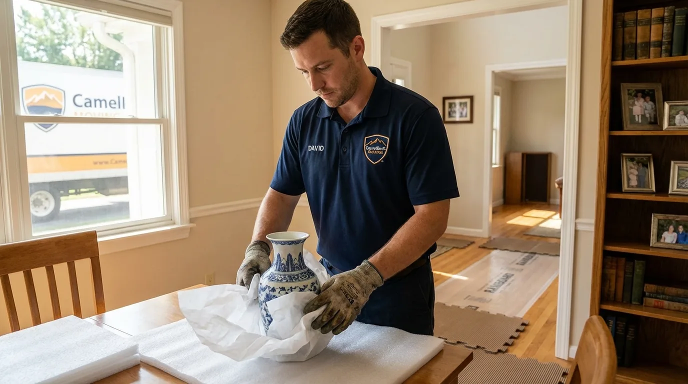 Professional crew carefully wrapping antique vase for senior downsizing move in Huntsville, TX